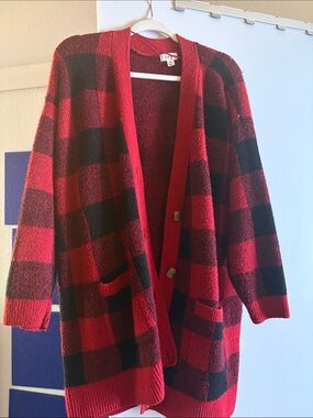Style & Co. Red and Black Buffalo Plaid Cardigan Sweater